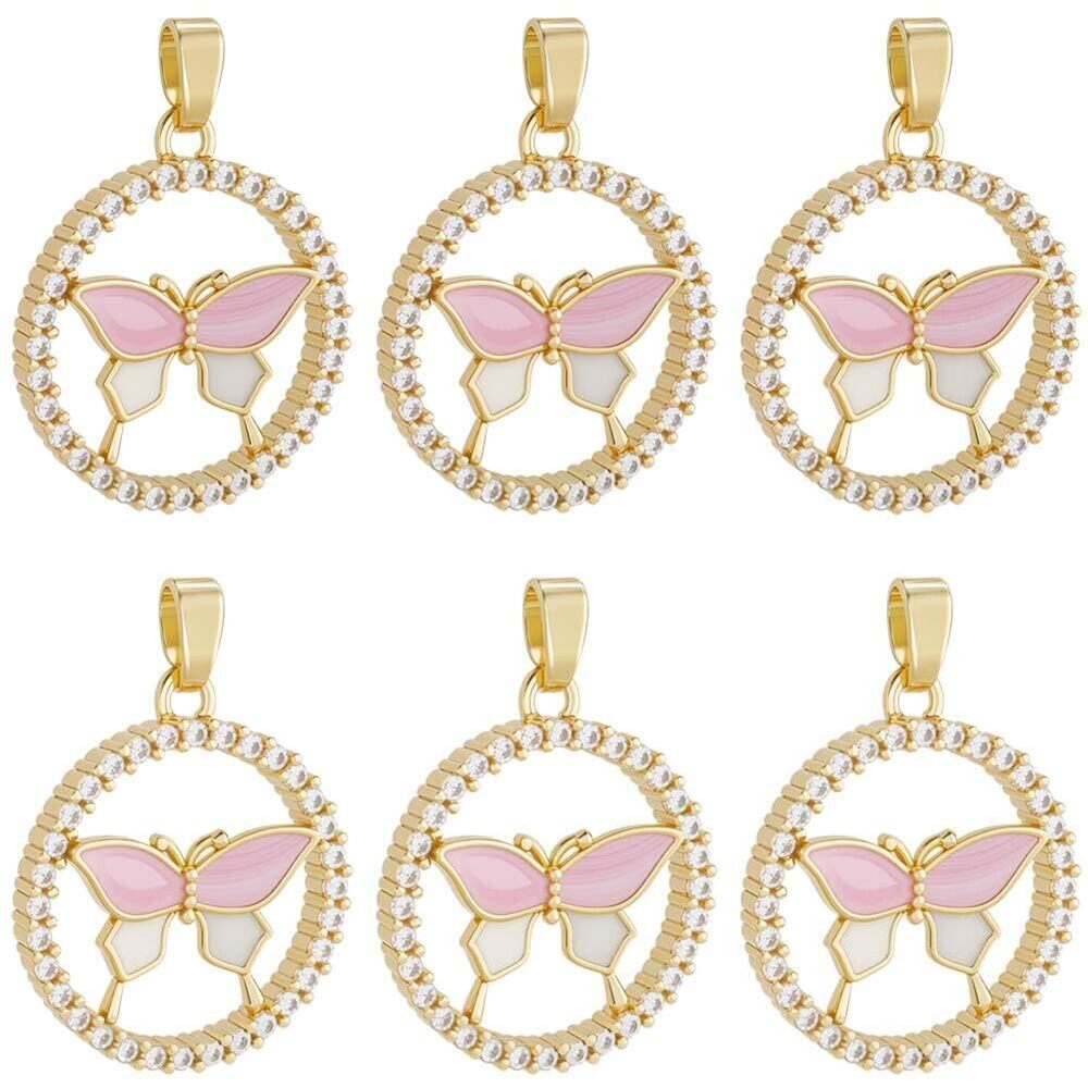 8367 6Pcs Butterfly Charms for Necklaces 18K Gold Plated Round Pink Cubic